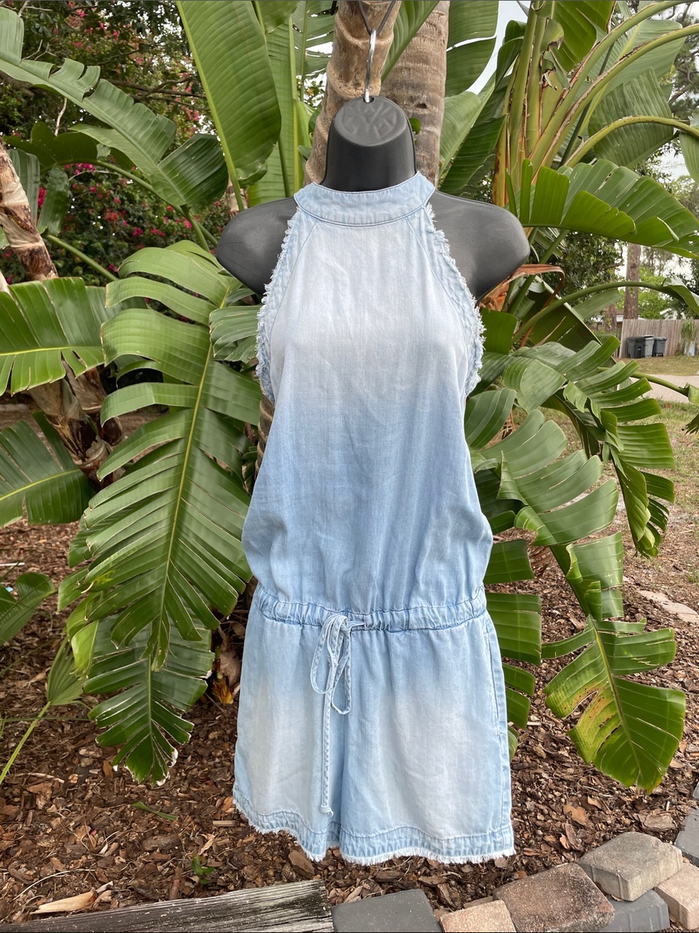 Light Blue Denim Romper with rock fringe edges